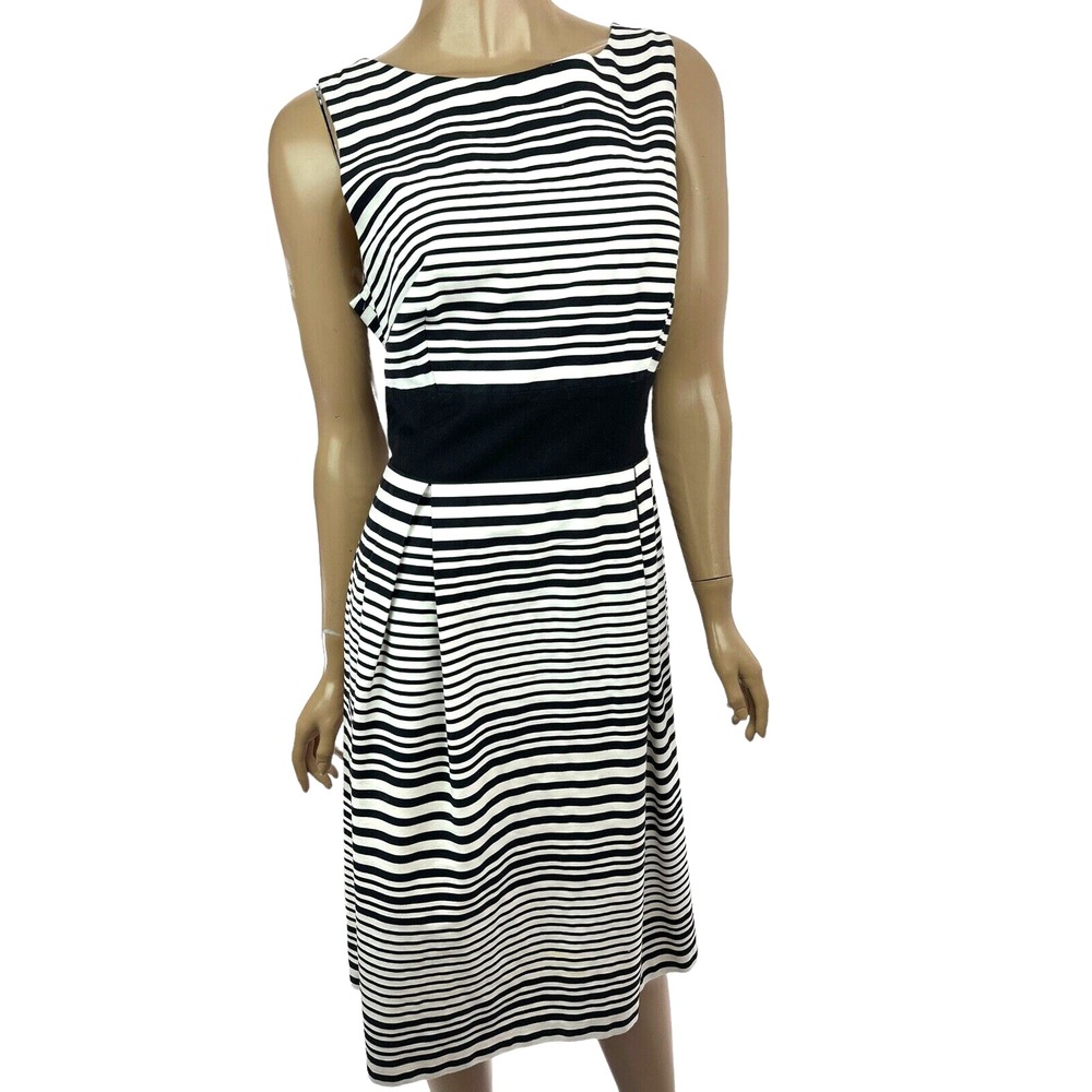 AB Studio Dress Sz 12 Black & White Striped Sleeveless Ties in Back Cotton/Spand